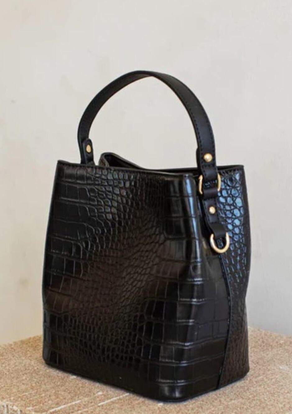 AOTA Elena Croc Top Bucket Bag with Crossbody Strap in Black